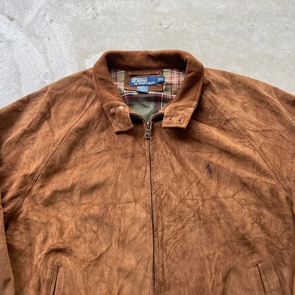 Polo Ralph Lauren Vintage Suede Leather Harrington Jacket Brown XL Plaid Lined